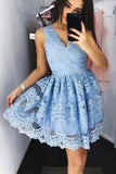 Homecoming Dresses V Neck Tulle With Applique Short/Mini A Line Rjerdress