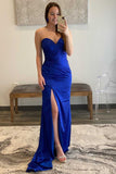 Hot Blue Sweetheart Ruffled Bodice Floor Length Sheath Satin Prom Dresses