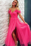 Hot Off The Shoulder Tulle Prom Dresses Lace Up With Split