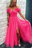 Hot Off The Shoulder Tulle Prom Dresses Lace Up With Split Rjerdress