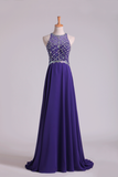 Hot Party Dresses A Line Scoop Beaded Bodice Chiffon Sweep Train Rjerdress