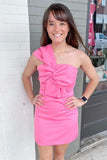 Hot Pink Bodycon One Shoulder Bowknot Front Short Homecoming Dress Rjerdress