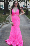 Hot Pink Lace Two Pieces Mermaid Long Prom Dress Graduation Dress