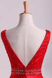 Hot Red Satin Party Dresses Straps Floor Length Beaded Bodice A Line Rjerdress