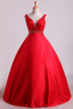 Hot Red Satin Party Dresses Straps Floor Length Beaded Bodice A Line Rjerdress