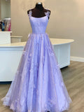 Hot Sale A Line Lavender Spaghetti Straps Tulle Floral Prom Dresses Rjerdress