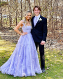 Hot Sale A Line Lavender Spaghetti Straps Tulle Floral Prom Dresses Rjerdress