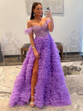 Hot Sale Beaded Feather Off-the-Shoulder Tiered Long Prom Dress with Slit Rjerdress