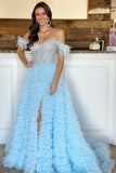 Hot Sale Beaded Feather Off-the-Shoulder Tiered Long Prom Dress with Slit Rjerdress