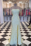 Hot Sale Blue Mermaid Strapless Applique Long Prom Dresses With Slit Rjerdress