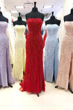 Hot Sale Blue Mermaid Strapless Applique Long Prom Dresses With Slit Rjerdress