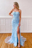 Hot Sale Blue Mermaid Strapless Applique Long Prom Dresses With Slit
