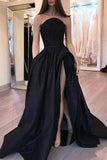 Hot Sale Simple Black Strapless Satin Prom Dresses Modest Evening Dresses Rjerdress