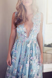 Hot Selling Deep V-neck Light Sky Blue Prom Dress with Flowers RJS547