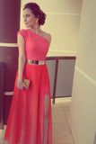 Hot Selling One Shoulder Lace&Chiffon Wedding Guest Dresses Zipper Up With Gold Belt Rjerdress