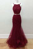 Hot-Selling Two-Piece Mermaid Halter Sleeveless Burgundy Long Prom Dress with Beading RJS779