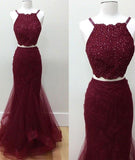 Hot-Selling Two-Piece Mermaid Halter Sleeveless Burgundy Long Prom Dress with Beading RJS779 Rjerdress