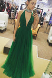Hot Sexy Sleeveless A-Line Deep V-Neck Green Floor-Length Tulle Long Prom Dresses RJS282