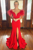 Hot V Neck Mermaid Slit Long Prom Dresses With Feathers