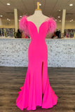 Hot V Neck Mermaid Slit Long Prom Dresses With Feathers Rjerdress