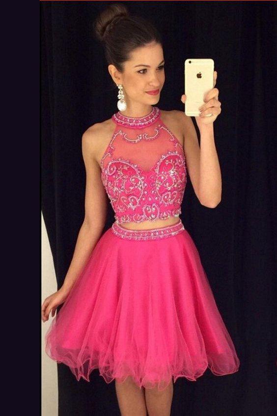 Hot-selling Jewel Short Two Piece Rose Homecoming Dress with Beading RJS528 Rjerdress