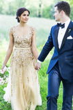Illusion Neck Beading Long Gold Wedding Dresses with Sheer Back Long Prom Dresses