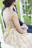 Illusion Neck Beading Long Gold Wedding Dresses with Sheer Back Long Prom Dresses Rjerdress