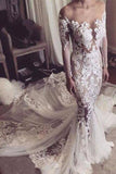 Illusion Neckline Lace Appliques Mermaid Long Sleeves Court Train Ivory Wedding Dresses Rjerdress