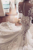 Illusion Neckline Lace Appliques Mermaid Long Sleeves Court Train Ivory Wedding Dresses Rjerdress