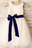 Ivory A-line Scoop Sleeveless Bowknot Tea-Length Tulle Flower Girl Dresses With Belt GD00005 Rjerdress