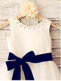 Ivory A-line Scoop Sleeveless Bowknot Tea-Length Tulle Flower Girl Dresses With Belt GD00005 Rjerdress