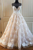 Ivory And Champagne Long Cap Sleeves Lace Tulle Wedding Dresses Rjerdress