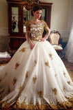 Ivory And Gold Lace Beading Tulle Long Sleeves Ball Gowns Wedding Dresses Rjerdress