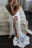 Ivory Lace Spaghetti Straps Sheath Long Front Split Beach Wedding Dresses Rjerdress