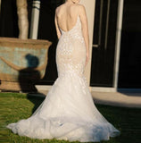 Ivory Mermaid Backless Spaghetti Straps Court Train Lace Tulle Wedding Dress Rjerdress