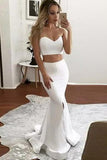 Ivory Mermaid Sweetheart Satin Two Pieces Slit Floor-length Draped Prom Dresses UK RJS406