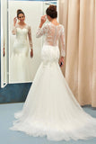 Ivory Sweep Train Applique Tulle Long Sleeves Wedding Dresses, Elegant Bride Dress Rjerdress