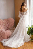 Ivory Tulle Off the Shoulder Bride Dress Simple Long Puffy Sleeves Wedding Gown Rjerdress