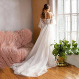 Ivory Tulle Off the Shoulder Bride Dress Simple Long Puffy Sleeves Wedding Gown Rjerdress