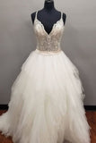 Ivory V Neck Tulle Long Spaghetti Straps Beads Asymmetrical Cheap Prom Dresses uk RJS220 Rjerdress