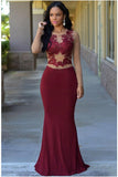 Jersey Scoop Neck Sexy Burgundy Mermaid Long Sleeves Zipper Appliques Prom Dresses RJS480