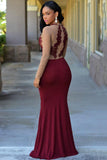Jersey Scoop Neck Sexy Burgundy Mermaid Long Sleeves Zipper Appliques Prom Dresses RJS480 Rjerdress