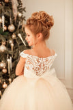 Jewel Flower Girl Dresses Applique Bodice Ball Gown Tulle Covered Button Rjerdress