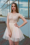 Jewel Neck Lace Top Tulle Cap Sleeves Homecoming Dress Rjerdress