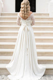 Jewel Neckline A Line Half Sleeve Lace Off-the-Shoulder Chiffon Ankle Length Wedding Dress