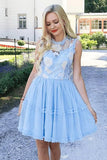 Jewel Short Blue Chiffon Homecoming Dress with Lace Straps Appliques Cocktail Dress