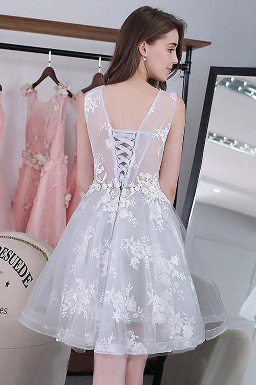 Knee-length Sleeveless Short Cute A-line Lace Appliques Tulle Homecoming Graduation Dress RJS252 Rjerdress