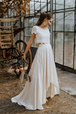 Lace A Line Two Piece Scoop Chiffon Half Sleeve High Low Wedding Dresses Rjerdress