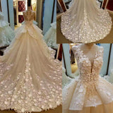 Lace Appliqued And Flowers Chapel Train Pretty Ball Gown Wedding Dresses Rjerdress