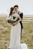 Lace Bohemian Boat Neck Bride Dress Short Sleeves Beach Destination Wedding Gowns Rjerdress